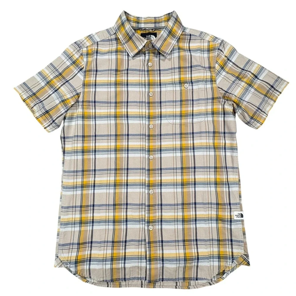 The North Face Short Sleeve Hiking Shirt Mens Size S Yellow Plaid Button‎ Up